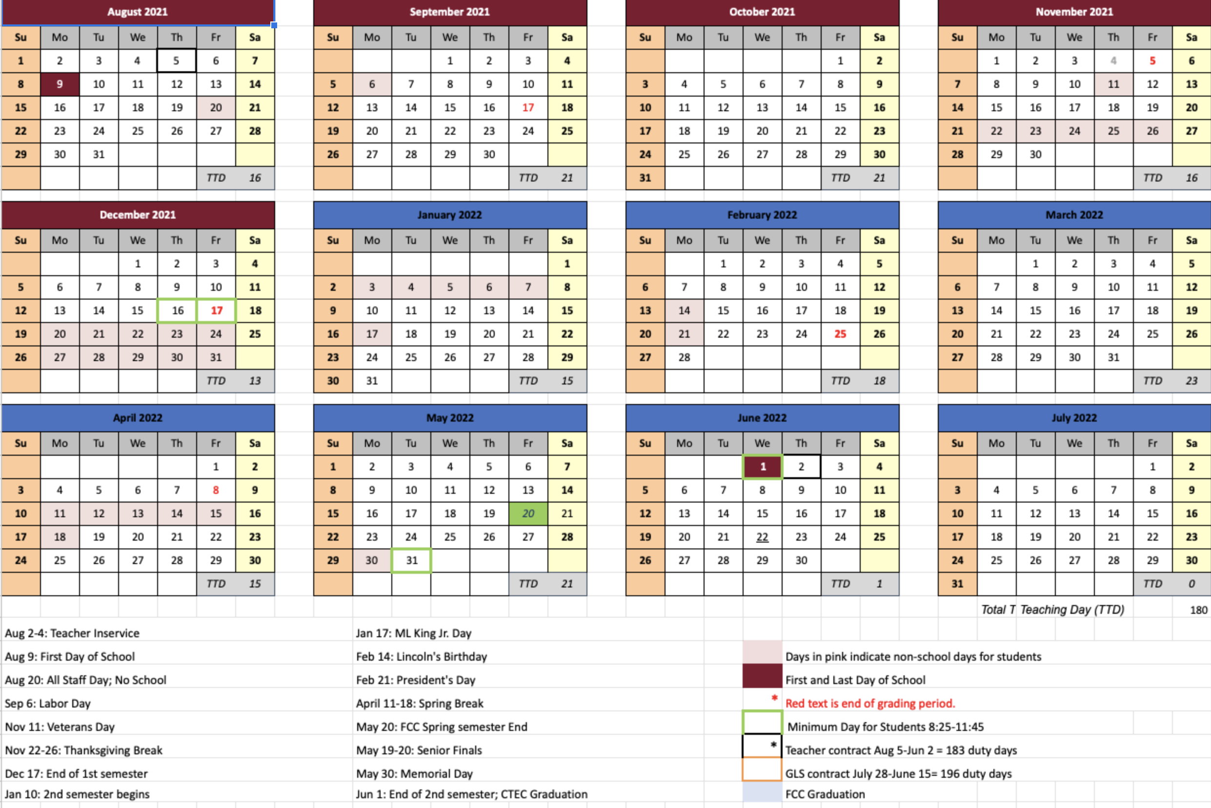 Yearly Calendar CTEC